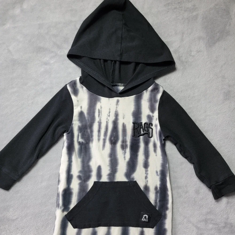 Rags Kids Black White Vertical Tie Dye Long Sleeve Hooded Romper Jumpsuit 18-24M